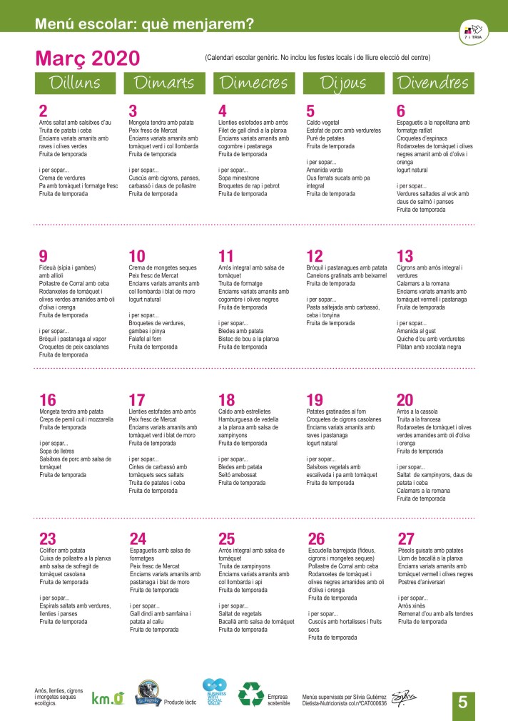 menú març 2020 Escola Arc Iris
